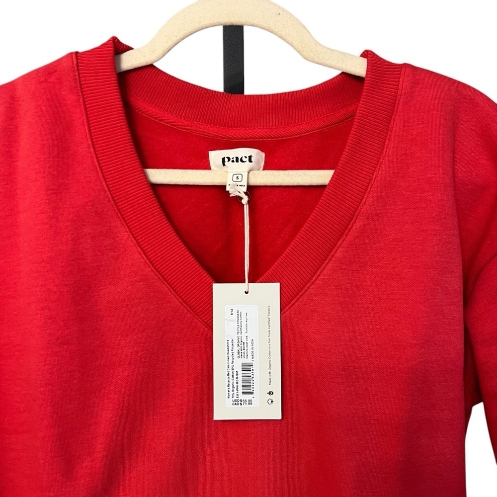 Pact Women’s Calla V-Neck Sweatshirt Rococco Red Small NWT Cozy Athleisure - Picture 2 of 4
